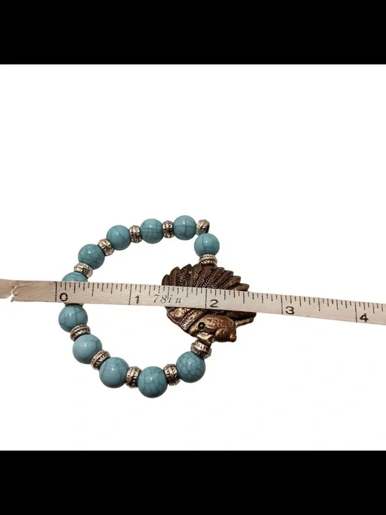 Turquoise Beaded Stretch Bracelet Native Chief Head Charm - Picture 4 of 4
